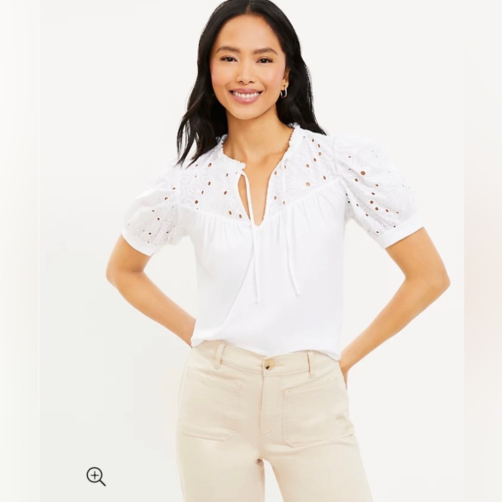 LOFT NWT Petite Eyelet Tie Neck Puff Sleeve Mixed Media Top - White